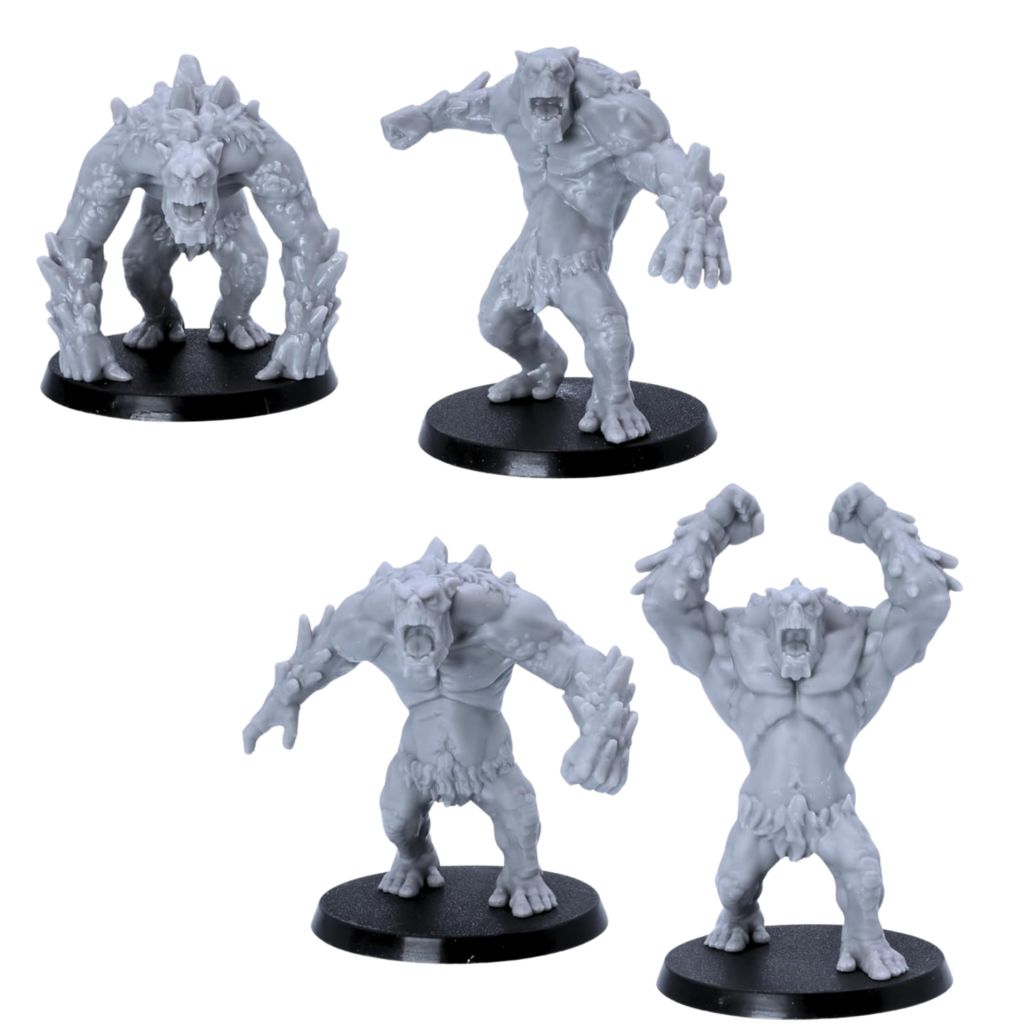 Unpainted Mountain Trolls set showing four large fantasy monster miniatures for 28mm tabletop RPG encounters.