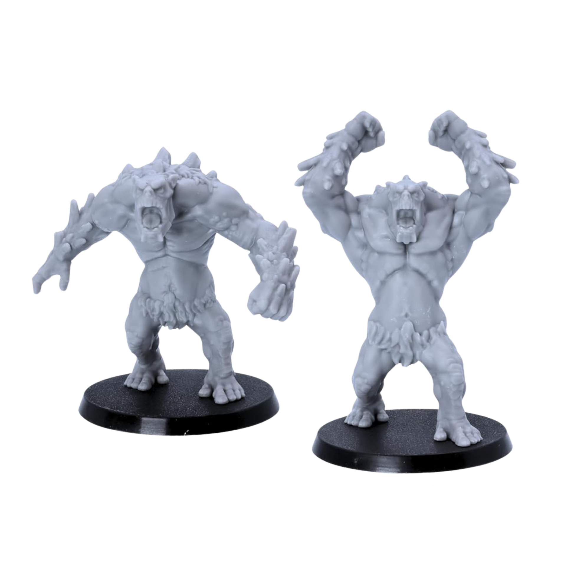 Unpainted Mountain Trolls showing roaring and raised-arm poses for fantasy tabletop battles.