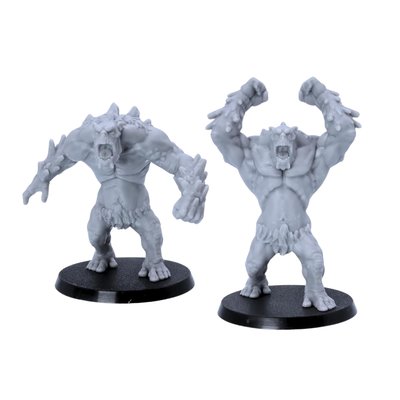 Unpainted Mountain Trolls showing roaring and raised-arm poses for fantasy tabletop battles.