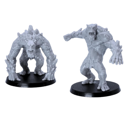 Unpainted Mountain Trolls miniatures showing two aggressive troll poses on 50mm round bases.