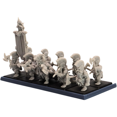 Example movement tray holding a ranked unit of ten fantasy miniatures on 25mm square bases.