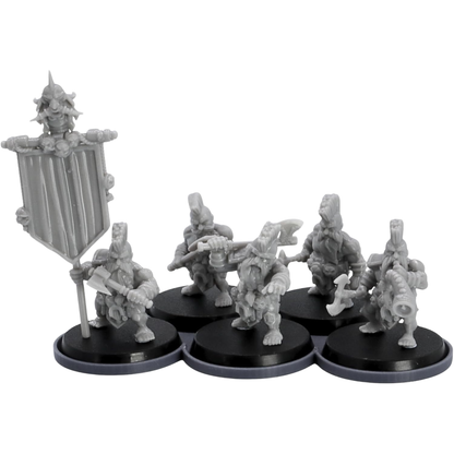 Example Forged Terrain movement tray holding five fantasy miniatures mounted on 32mm round bases.