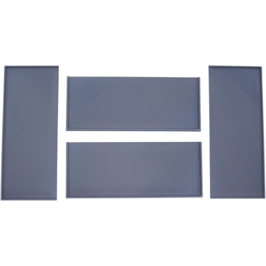 Top-down view of four 5x2 regiment movement trays designed for miniatures on 25mm square bases.