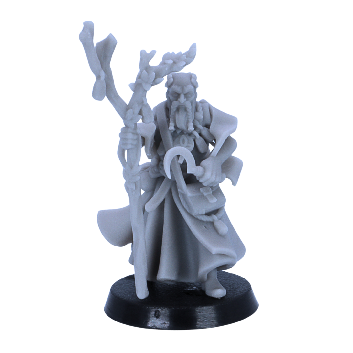 Unpainted nature mage miniature by Highlands Miniatures holding a wooden staff with branch and leaf details.