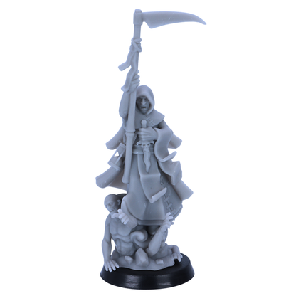 Unpainted necromancer mage miniature by Highlands Miniatures holding a scythe staff with a creature base detail.
