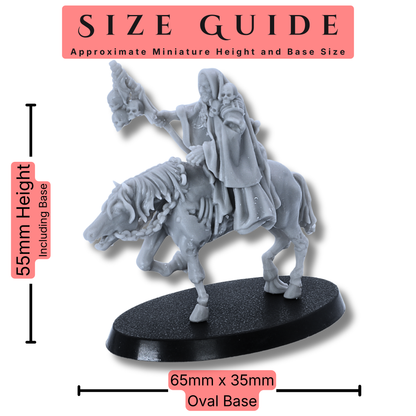 Necromancer on Horseback 32mm scale miniature size guide showing an approximate 55mm height including base and 65 x 35mm oval base size.