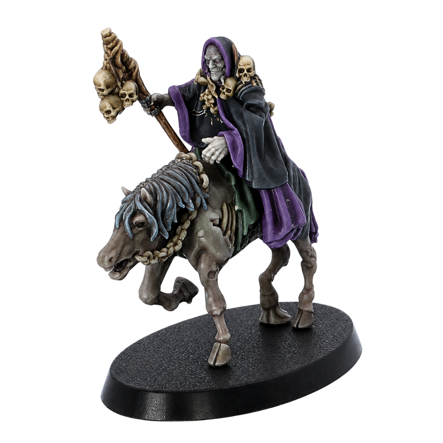 Painted Necromancer on horseback miniature by Highlands Miniatures with skull staff, dark robes, and 60mm x 35mm oval base.