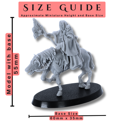 Size guide for Necromancer on horseback miniature showing approximate 55mm height with base and 60mm x 35mm oval base size.