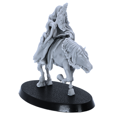 Angled view of unpainted Necromancer on horseback fantasy miniature by Highlands Miniatures.