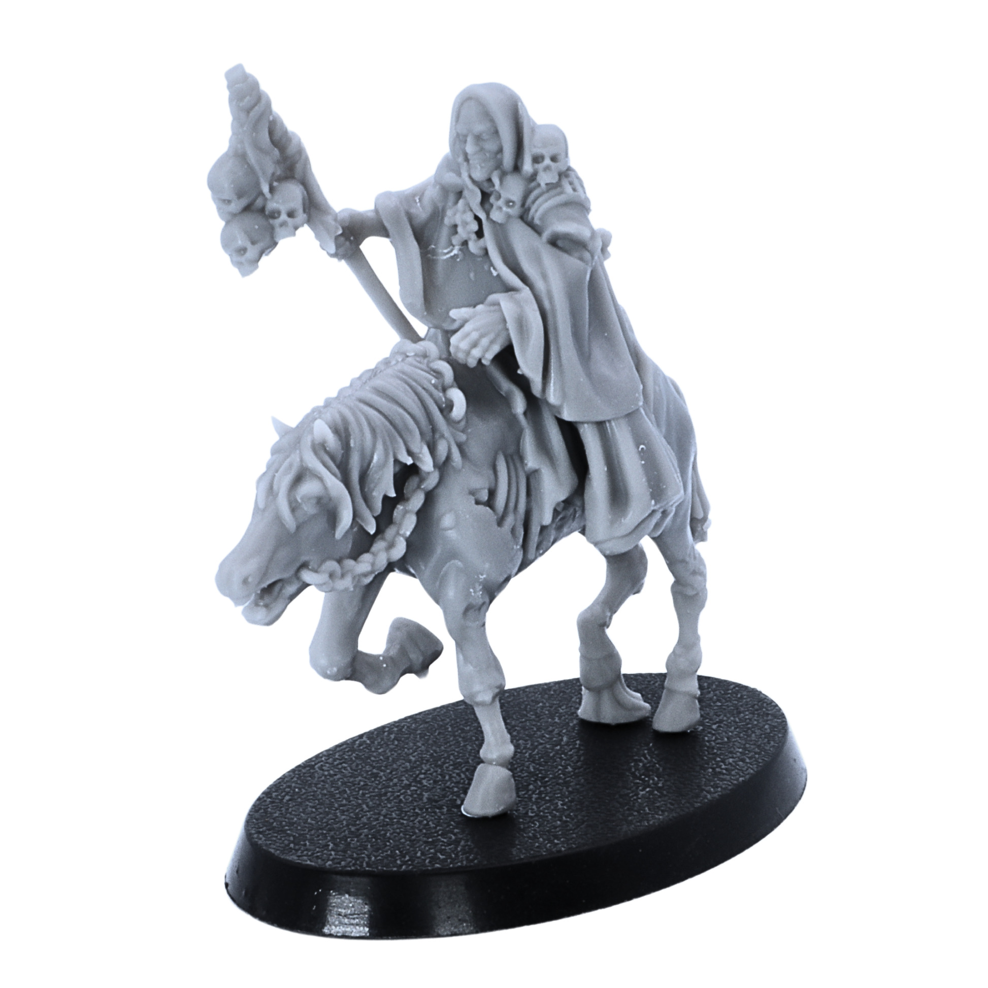 Unpainted mounted Necromancer miniature showing rider, skeletal staff, undead horse, and oval base.