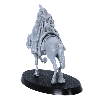 Rear view of unpainted mounted Necromancer miniature showing cloak, horse, staff, and oval base.