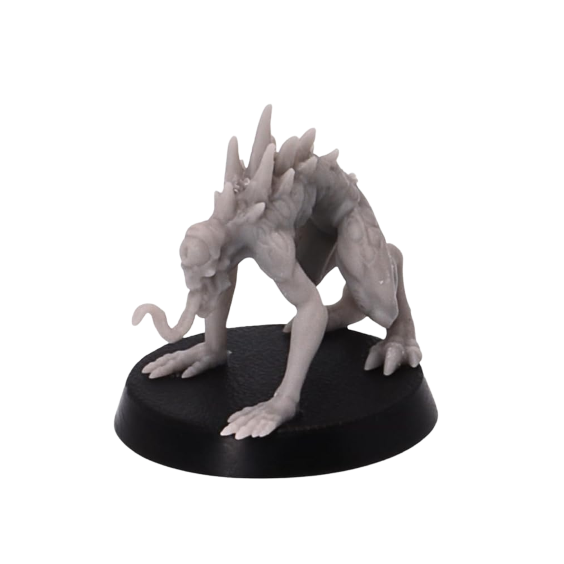 Unpainted crouching Nothic miniature with long tongue, elongated arms, clawed hands, jagged back spines, and hunched posture.
