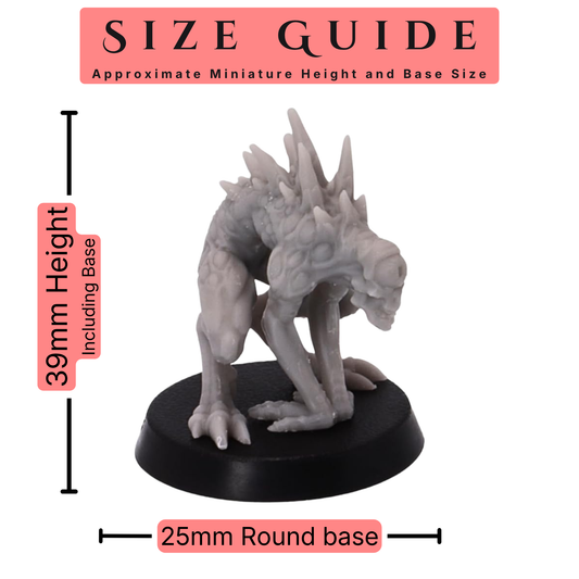 Nothic miniatures set 28mm scale size guide showing an approximate 39mm height including base and 25mm round base size.