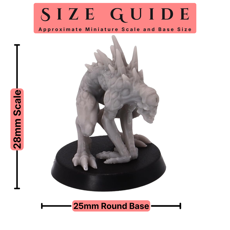 Size guide for Nothic miniature showing 28mm scale and 25mm round base.