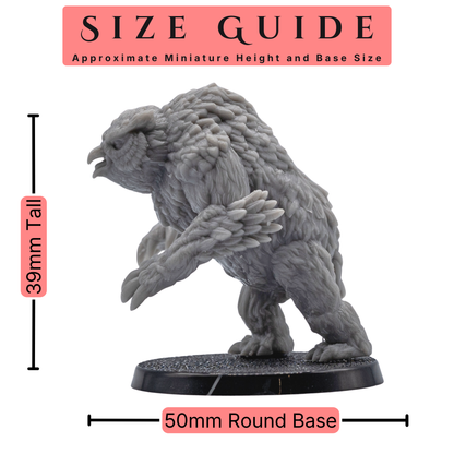 Official Owlbear 32mm scale size guide showing an approximate 39mm overall height including tail and 50mm round base.