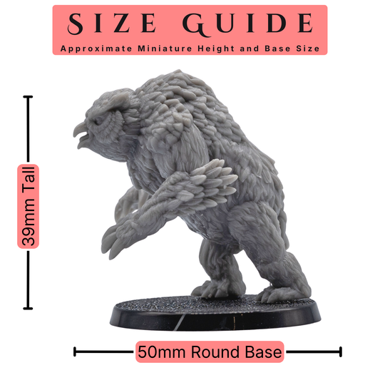 Official Owlbear 32mm scale size guide showing an approximate 39mm overall height including tail and 50mm round base.
