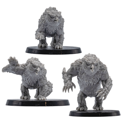 Front views of unpainted Owlbear fantasy creature miniatures showing sculpted feathers, claws, and resin detail.