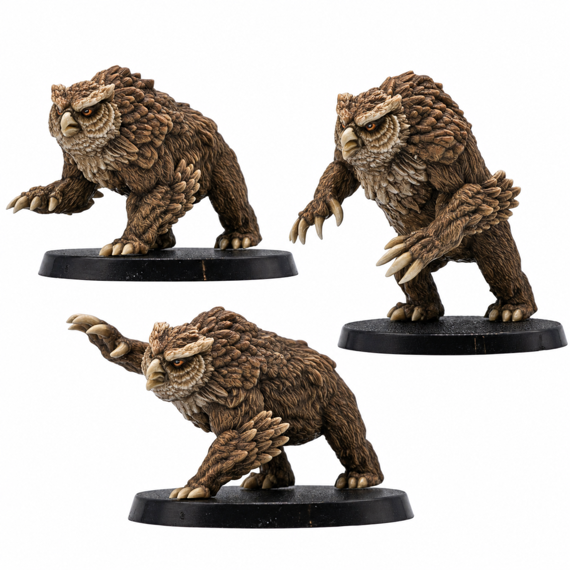 Painted example of three Owlbear fantasy tabletop miniatures by Forged Path Miniatures for roleplaying adventures and wargaming encounters.