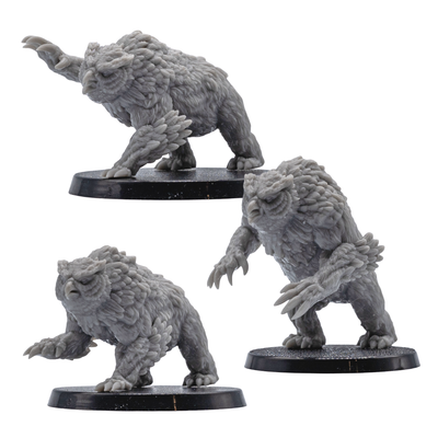 Unpainted Owlbear resin miniatures by Forged Path Miniatures shown from side angles on 50mm round bases.