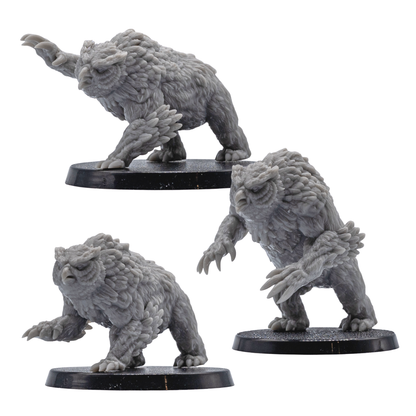 Unpainted Owlbear resin miniatures by Forged Path Miniatures shown from side angles on 50mm round bases.