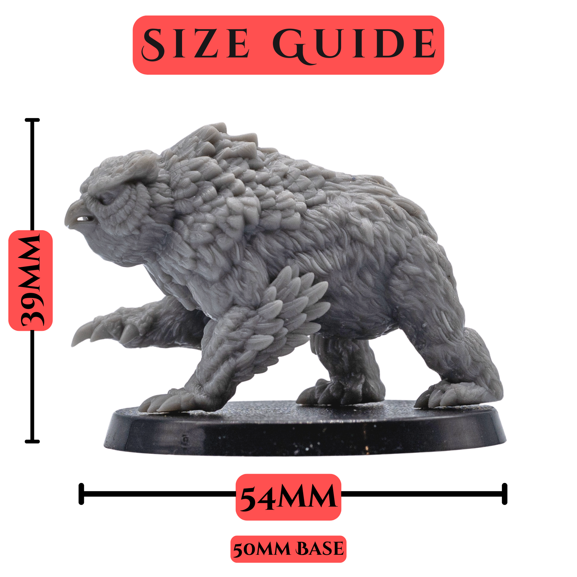 Size guide for a 32mm scale Owlbear miniature on a 50mm round base by Forged Path Miniatures.