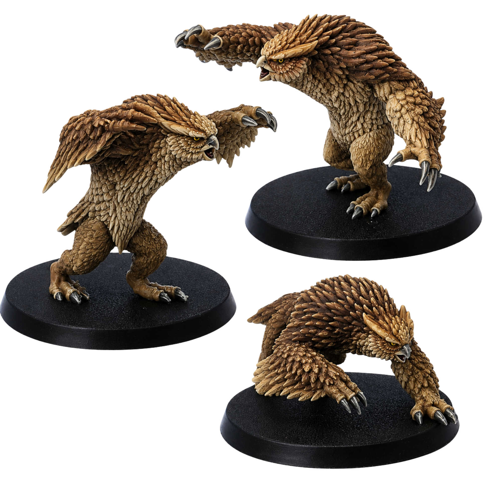 Painted set of three Owlbear miniatures by Epic Miniatures in different dynamic poses.