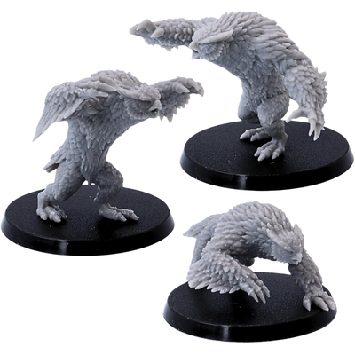 Unpainted set of three Owlbear miniatures showing their different poses and detailed feathered bodies.