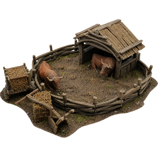 Painted Oxen Enclosure by Printable Scenery featuring a fenced livestock pen, timber shelter, two oxen, hay cart, plough, and hay bale.