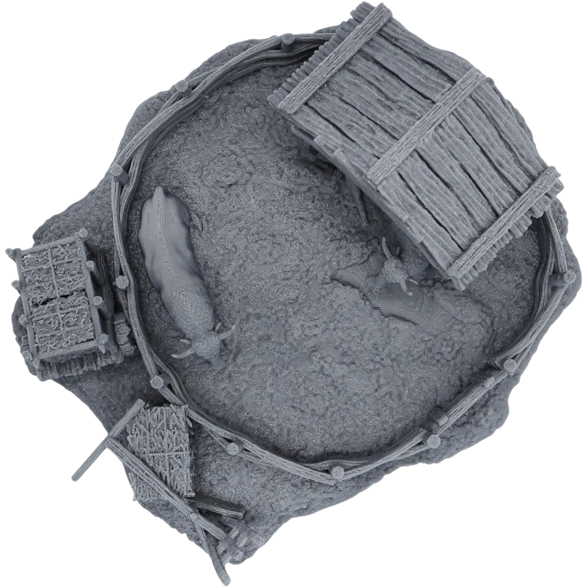 Top view of the Oxen Enclosure showing the complete fenced footprint, detachable shelter roof, oxen, textured ground, hay cart, and farm accessories.