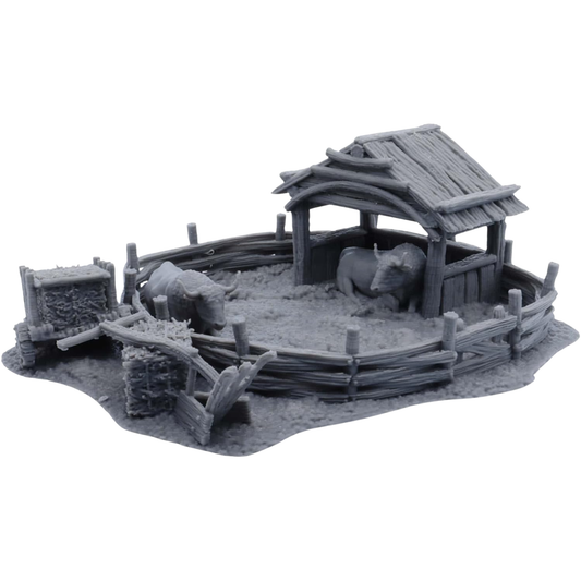 Unpainted Oxen Enclosure terrain set showing the fenced pen, roofed timber shelter, two oxen, hay cart, plough, and hay bale.