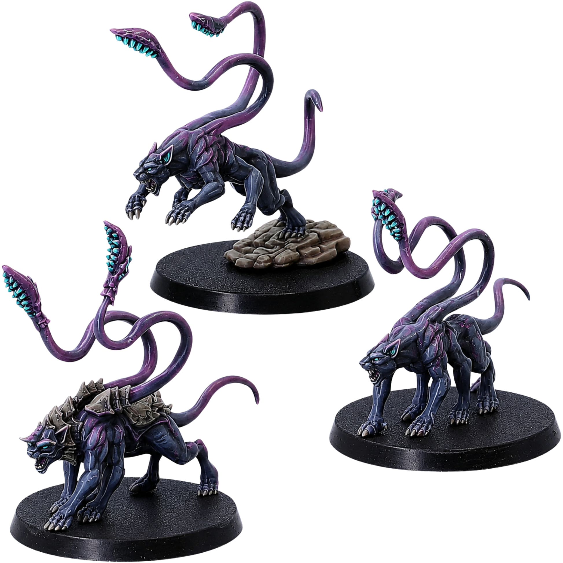 Painted Phase Panthers set of 3 by Epic Miniatures showing dark extraplanar feline monsters with long tentacles, tooth-lined maws, claws, and dynamic poses.