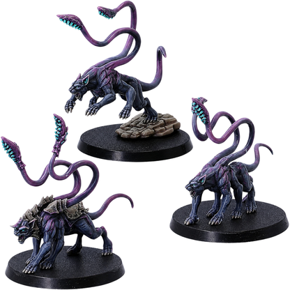 Painted Phase Panthers set of 3 by Epic Miniatures showing dark extraplanar feline monsters with long tentacles, tooth-lined maws, claws, and dynamic poses.