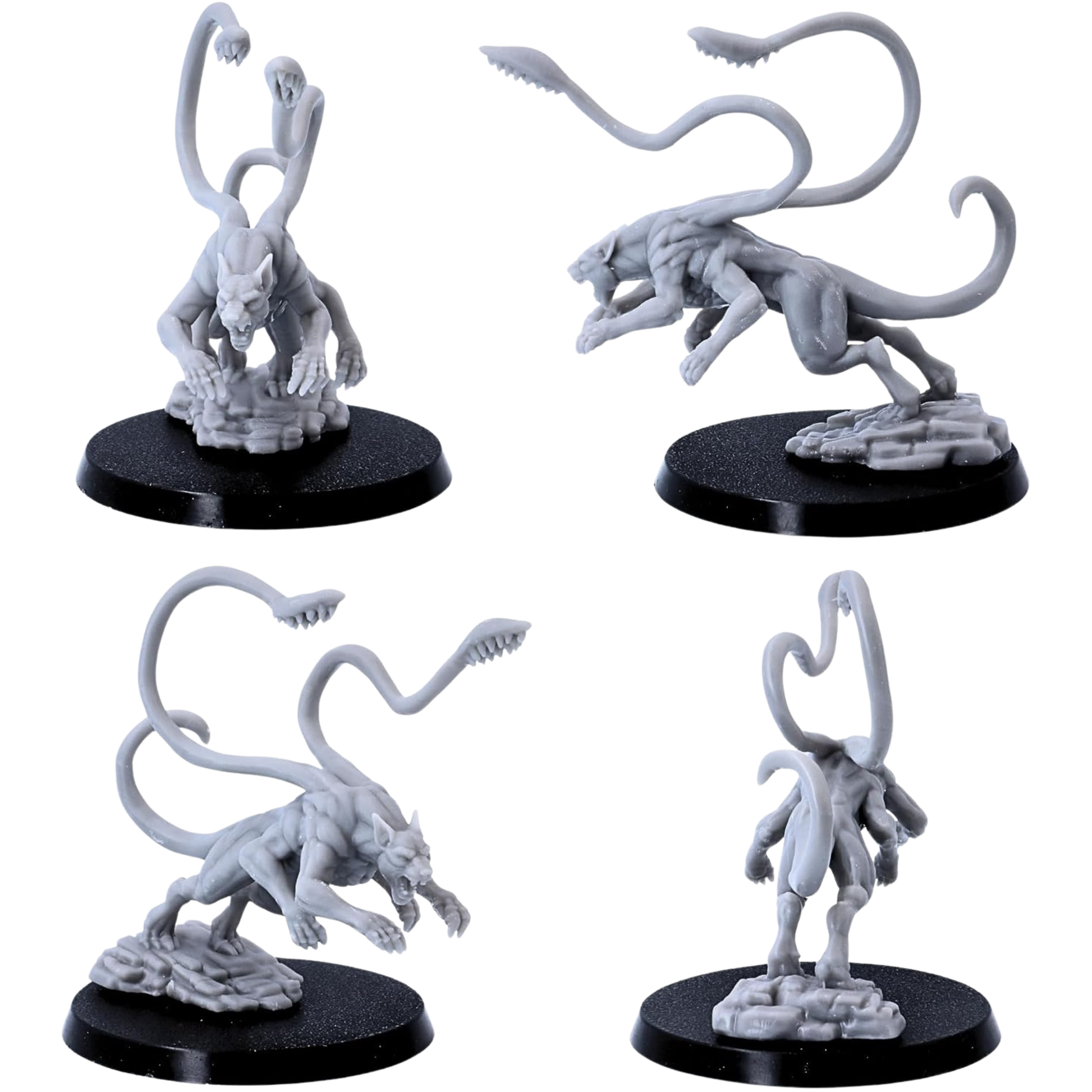 Unpainted Phase Panther miniature shown from multiple angles in a leaping pose with extended claws, long tentacles, and rocky detail.