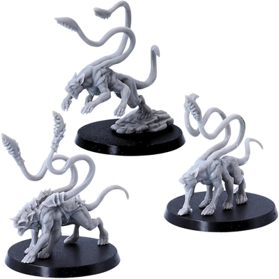 Unpainted Phase Panthers set of three by Epic Miniatures showing leaping, stalking, and armoured monster variants on 50mm round bases.