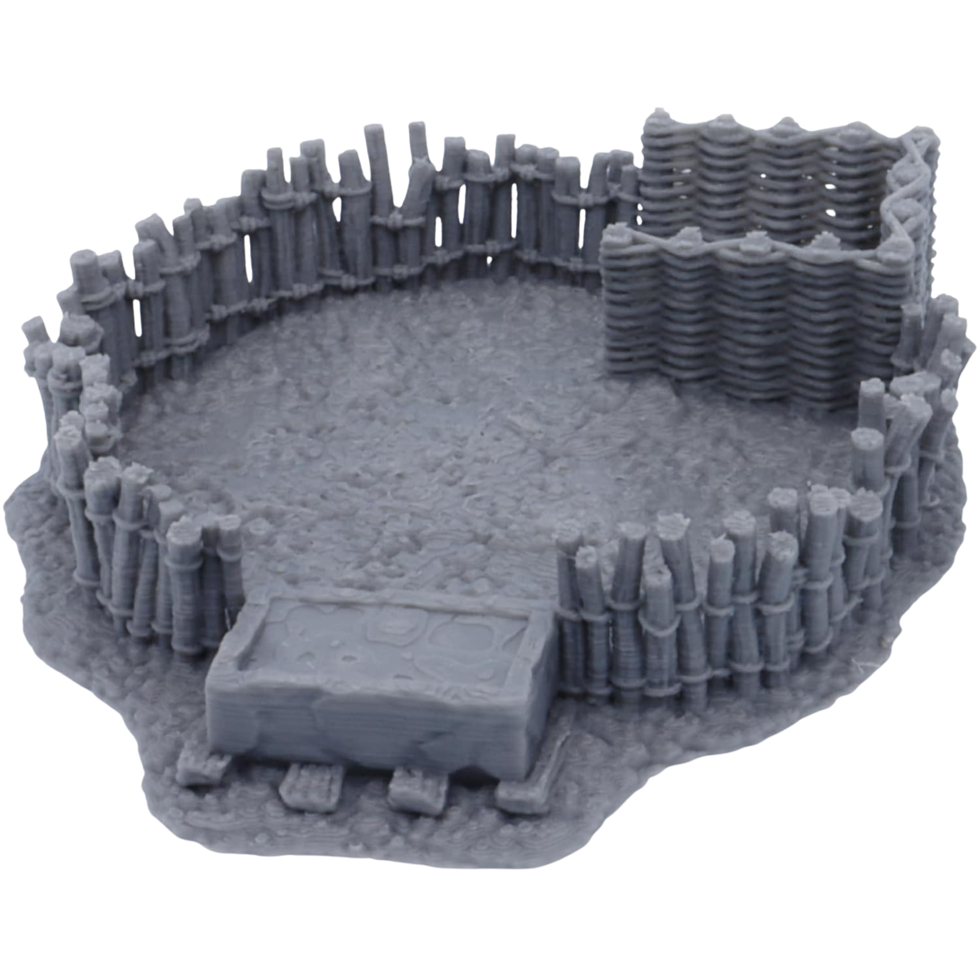 Pig Pen terrain set shown from the open side with the shelter, fenced yard, pig family, and trough clearly visible.