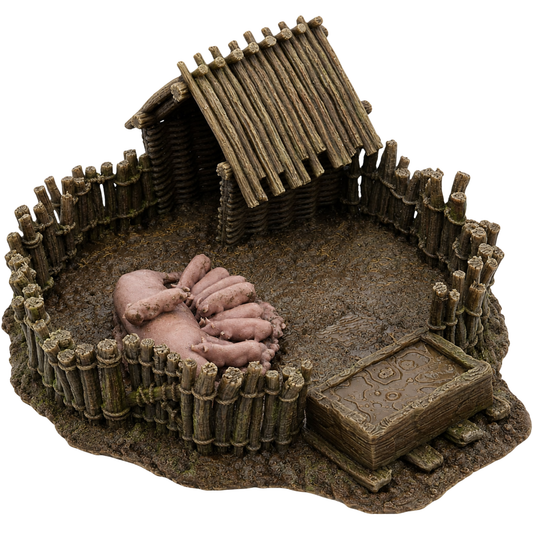Painted Pig Pen by Printable Scenery featuring a fenced muddy enclosure, timber shelter, mother pig, piglets, and feeding trough.