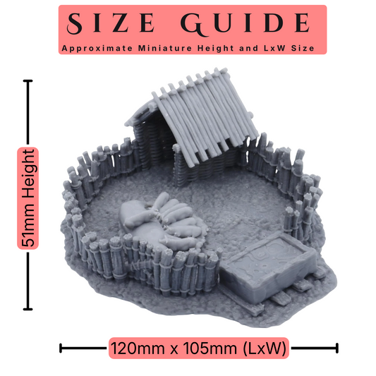 Pig Pen 28mm scale terrain size guide showing an approximate 51mm height and 120 x 105mm overall dimensions.