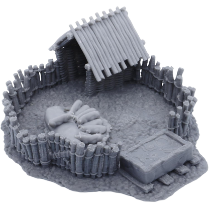 Angled view of the Pig Pen showing the rustic fence, removable roof shelter, clustered piglets, mother pig, and feeding trough.