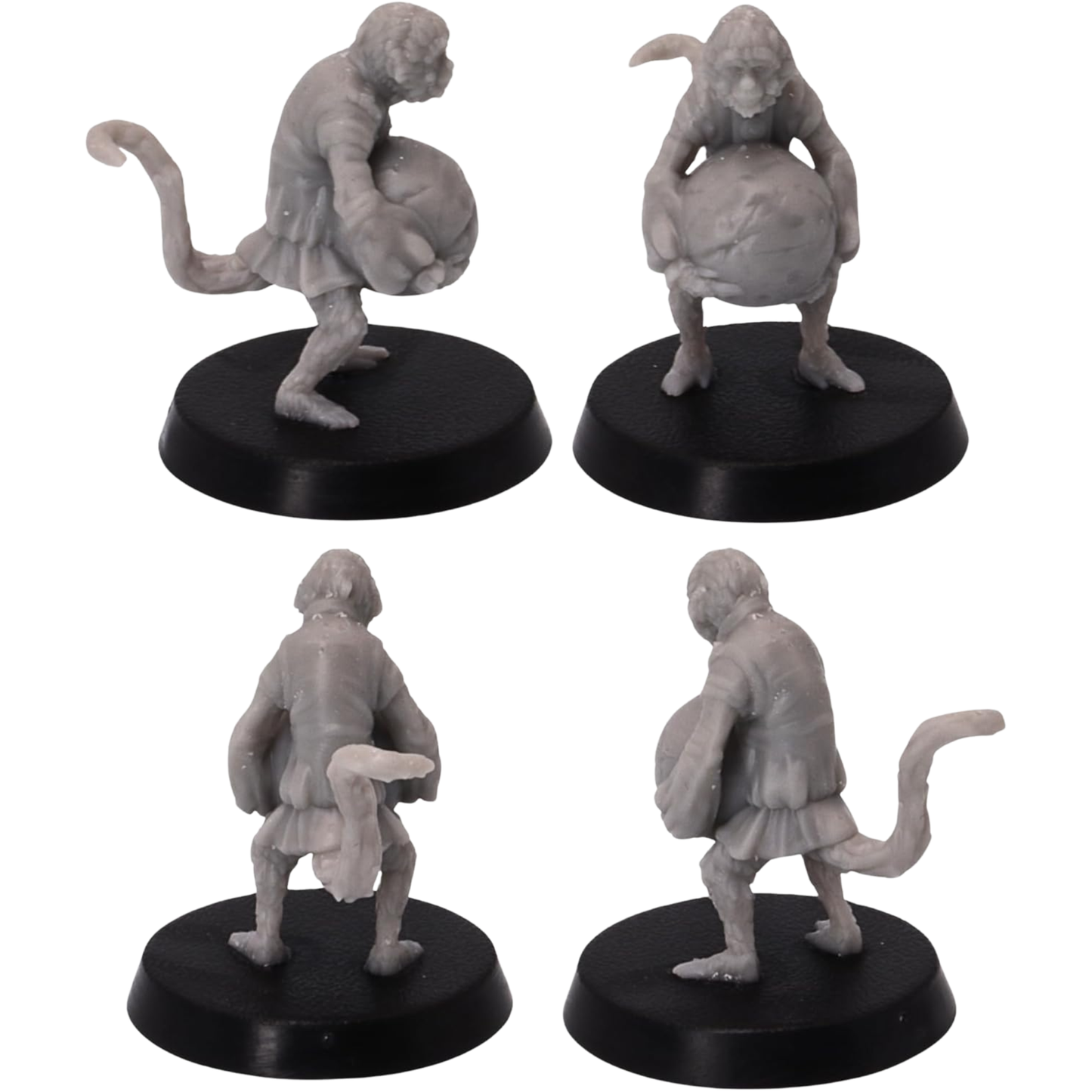Unpainted pirate monkey miniature carrying a large round bomb with long tail, layered pirate clothing, and detailed fur.