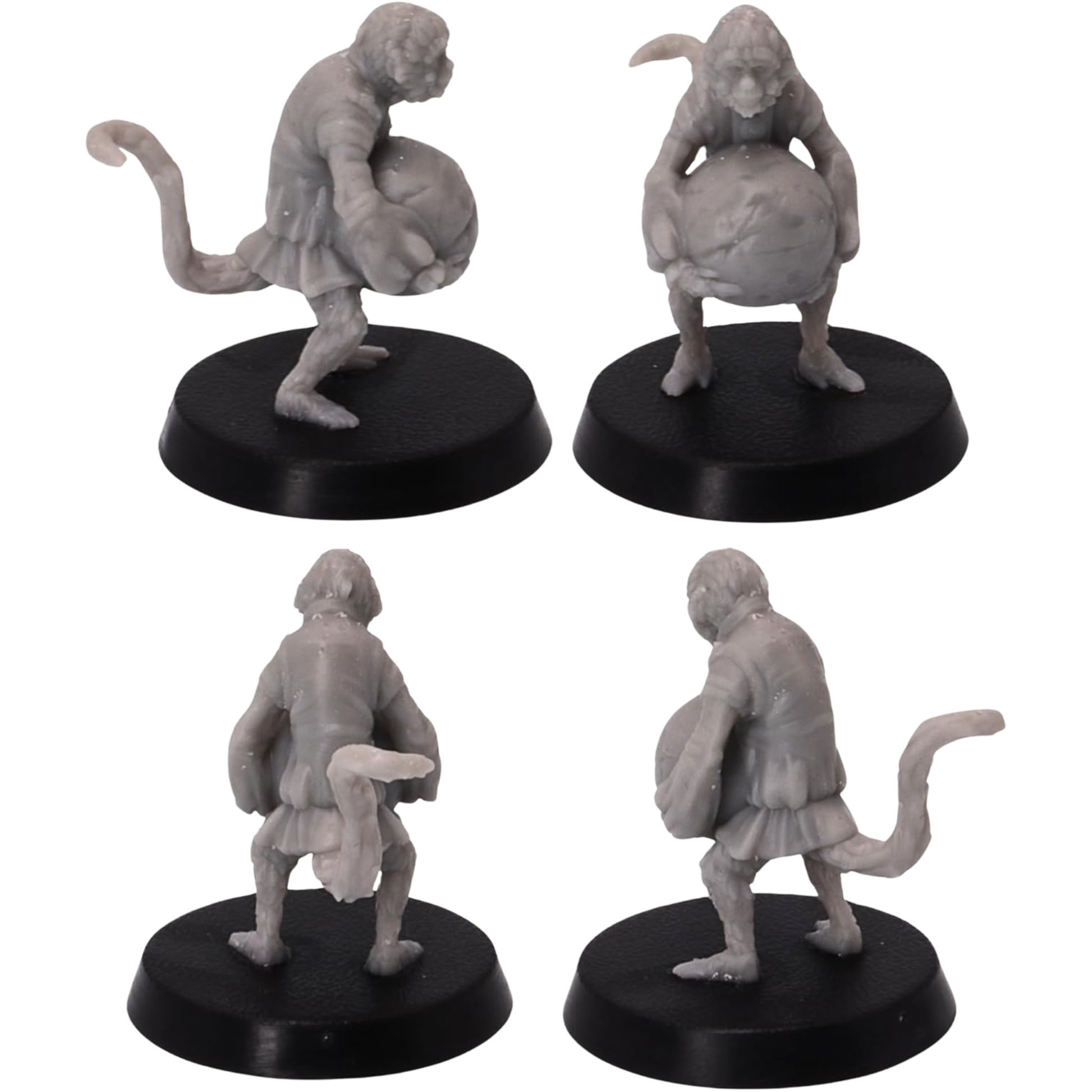 Unpainted pirate monkey miniature carrying a large round bomb with long tail, layered pirate clothing, and detailed fur.