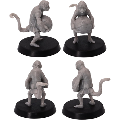 Unpainted pirate monkey miniature carrying a large round bomb with long tail, layered pirate clothing, and detailed fur.