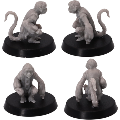 Unpainted crouched Pirate Monkey miniature with wooden peg leg, headscarf, long tail, and characterful pirate clothing.