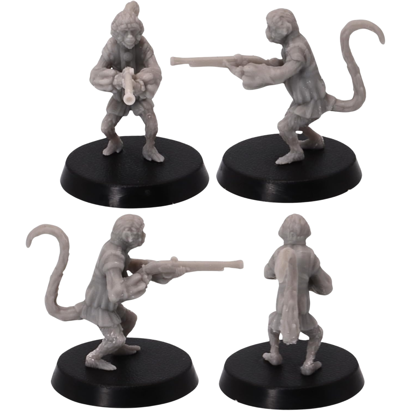 Unpainted Pirate Monkey miniature aiming a long musket with headscarf, vest, long tail, and dynamic firing stance.