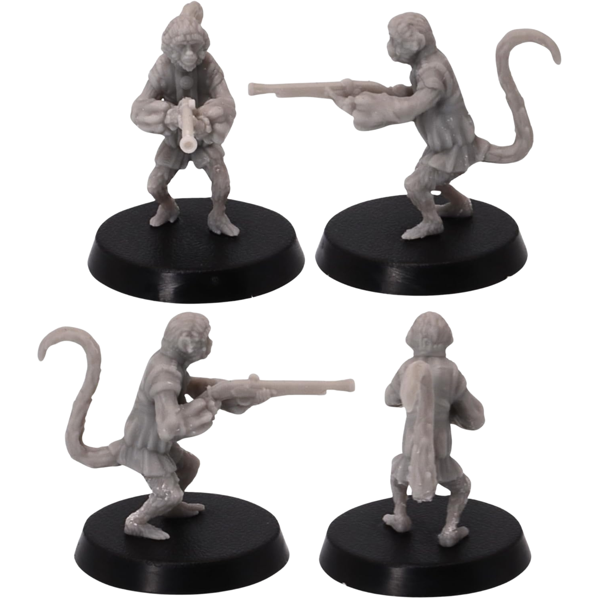 Unpainted Pirate Monkey miniature aiming a long musket with headscarf, vest, long tail, and dynamic firing stance.