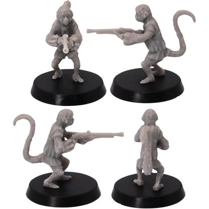 Unpainted Pirate Monkey miniature aiming a long musket with headscarf, vest, long tail, and dynamic firing stance.