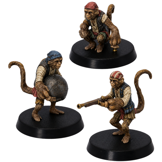 Painted Pirate Monkeys set of 3 by Epic Miniatures showing fantasy monkey pirates with musket, bomb, pirate clothing, headscarves, and long tails.