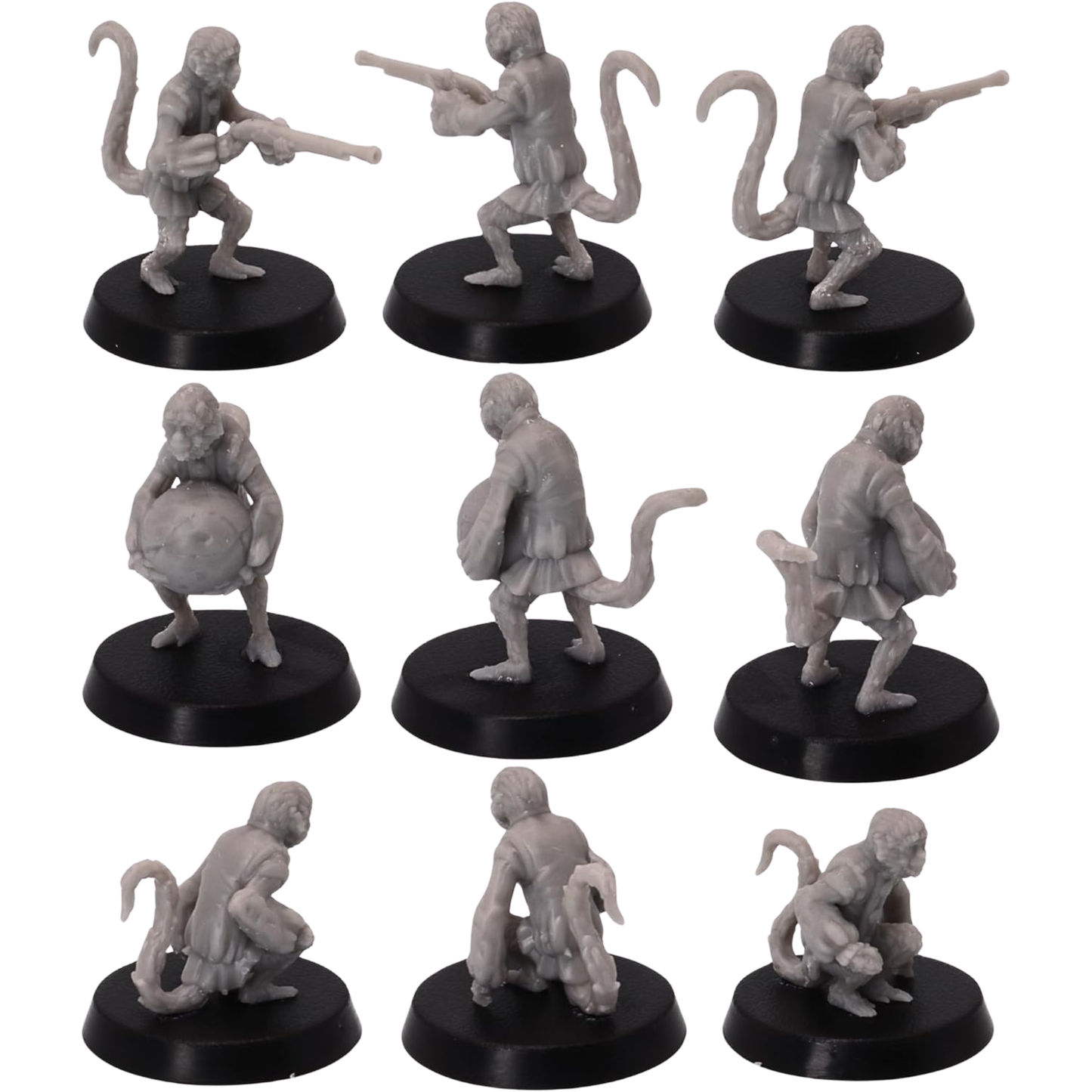 Unpainted Pirate Monkeys shown from multiple angles highlighting long tails, pirate clothing, musket, bomb, and crouched pose.