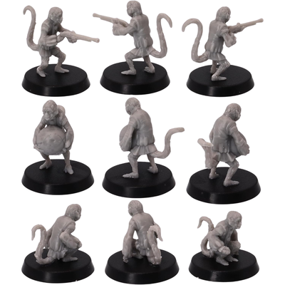 Unpainted Pirate Monkeys shown from multiple angles highlighting long tails, pirate clothing, musket, bomb, and crouched pose.