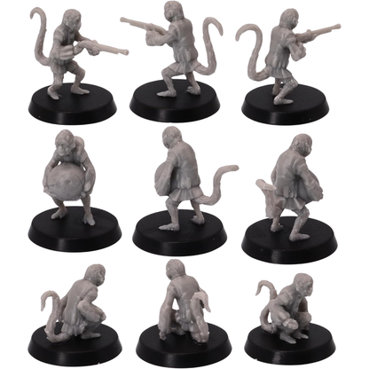 Unpainted Pirate Monkeys shown from multiple angles highlighting long tails, pirate clothing, musket, bomb, and crouched pose.