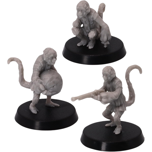 Unpainted Pirate Monkeys set of three by Epic Miniatures showing a musket shooter, bomb carrier, and crouched pirate monkey on 25mm round bases.
